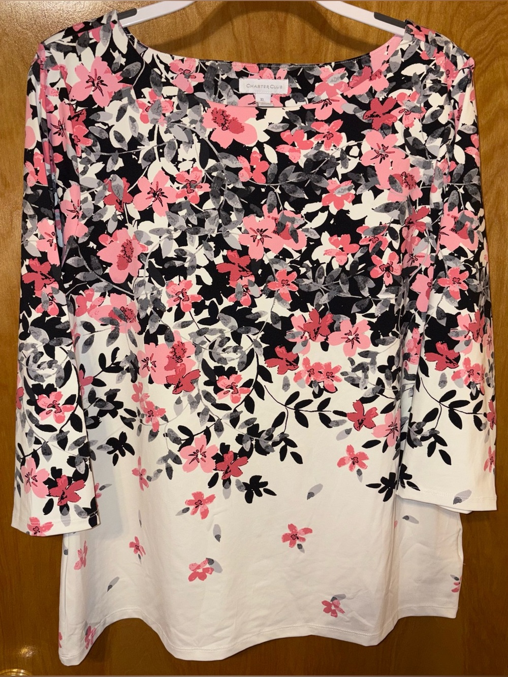 Charter Club black/grey/pink/ivory floral print jersey knit top Size XL